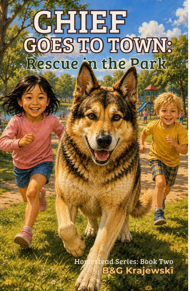 Chief Goes to Town: Rescue in the Park book cover β Chief running through a sunny park with two children
