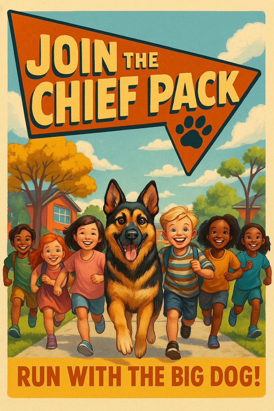 Join the Chief Pack — retro poster of Chief running with a group of happy kids